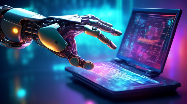 A futuristic robot arm, powered by a glowing microchip labeled Cortex X925, reaching towards a holographic computer screen displaying complex algorithms.