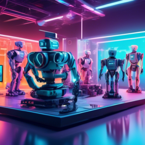 A film crew on a set, with robots and holographic displays controlled by AI, assisting with lighting, camera work, and special effects.