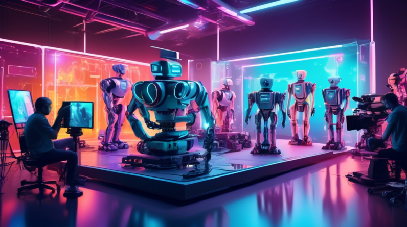 A film crew on a set, with robots and holographic displays controlled by AI, assisting with lighting, camera work, and special effects.