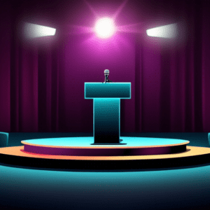 An empty podium with a single microphone and a spotlight shining on it in an otherwise dark auditorium.