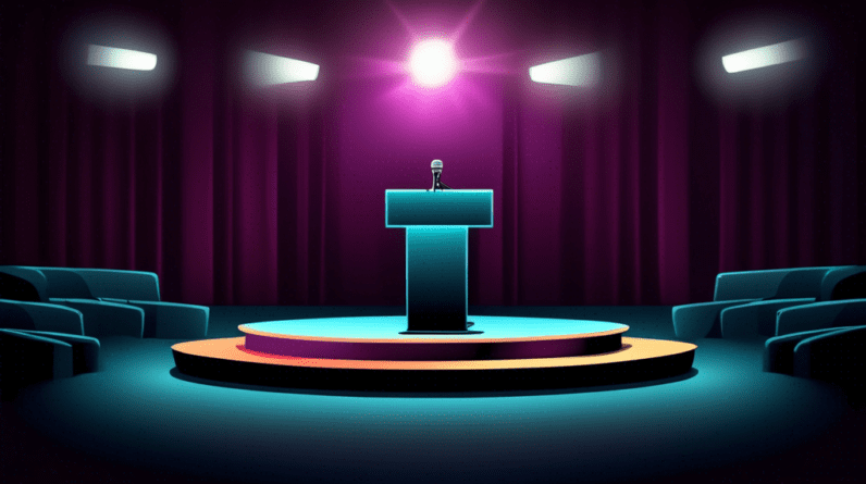 An empty podium with a single microphone and a spotlight shining on it in an otherwise dark auditorium.