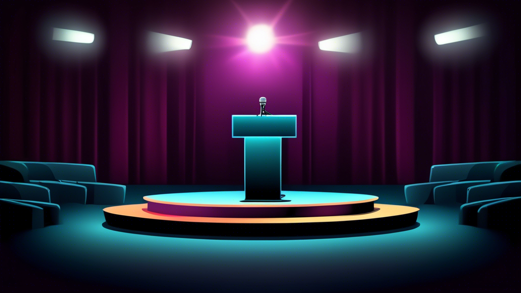 An empty podium with a single microphone and a spotlight shining on it in an otherwise dark auditorium.