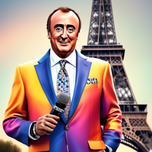 A hyperrealistic AI robot version of Al Michaels wearing an NBC Sports blazer in front of the Eiffel Tower with a microphone in hand.