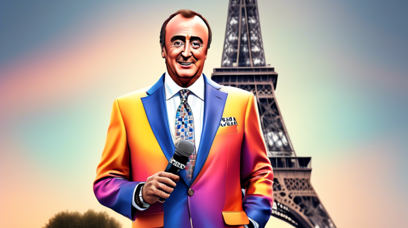 A hyperrealistic AI robot version of Al Michaels wearing an NBC Sports blazer in front of the Eiffel Tower with a microphone in hand.