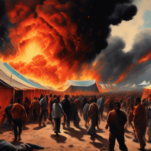 A hyperrealistic and disturbing image of a fiery explosion near a crowded tent camp, with plumes of thick black smoke billowing into the sky and people fleeing in terror.