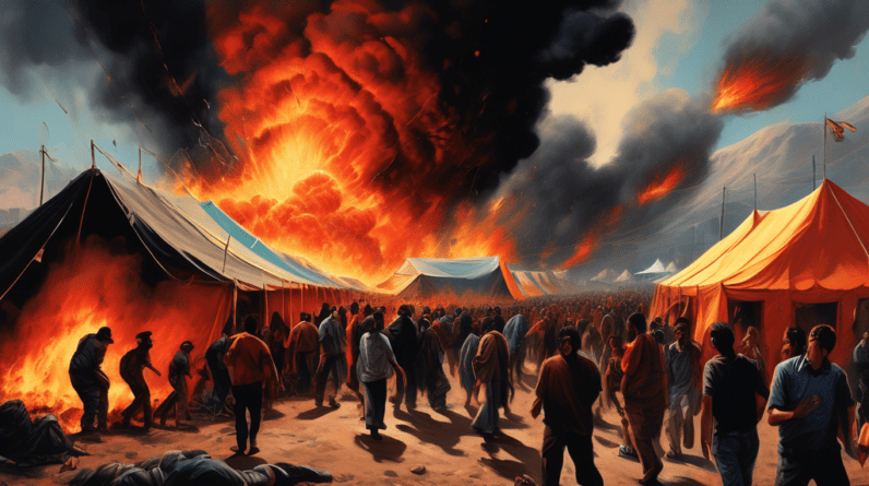 A hyperrealistic and disturbing image of a fiery explosion near a crowded tent camp, with plumes of thick black smoke billowing into the sky and people fleeing in terror.