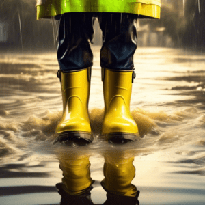 A photorealistic image of a police officer in yellow rain boots holding a glowing bible amidst a flood, with a Facebook like button superimposed in the corner.