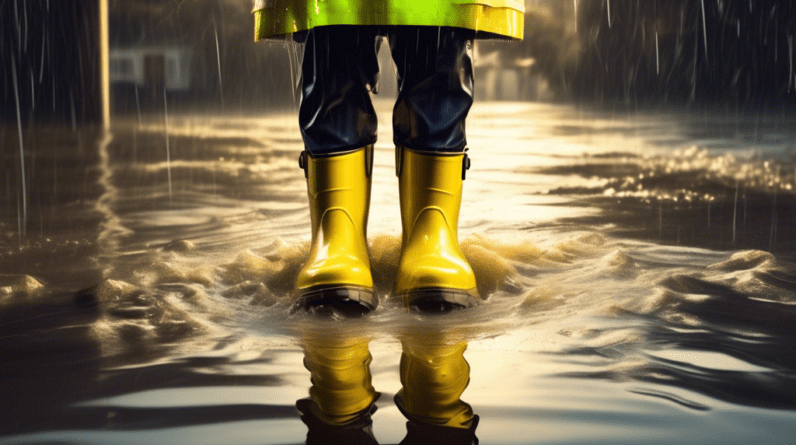 A photorealistic image of a police officer in yellow rain boots holding a glowing bible amidst a flood, with a Facebook like button superimposed in the corner.