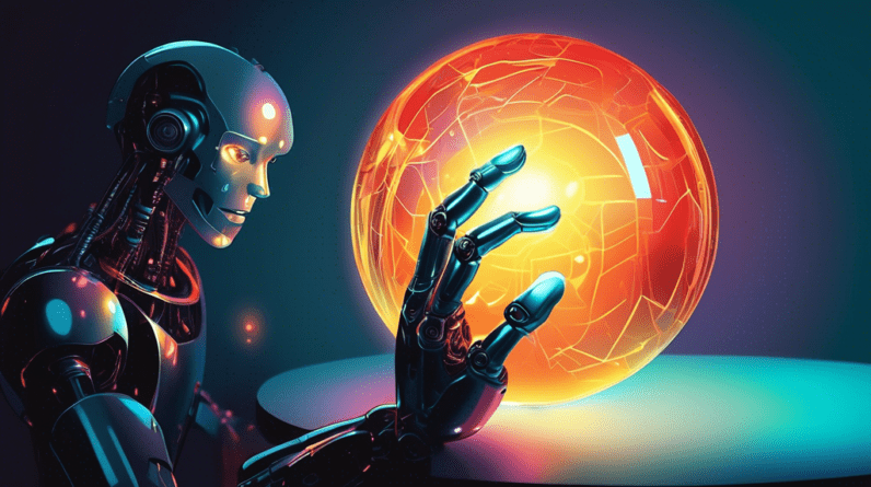 A robotic hand reaching for a glowing orb, with a shadowy figure reflected inside it.