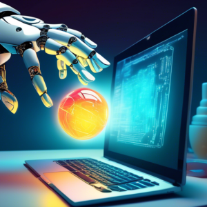 A robot hand offering a glowing orb of code to a human hand reaching out from a computer screen.