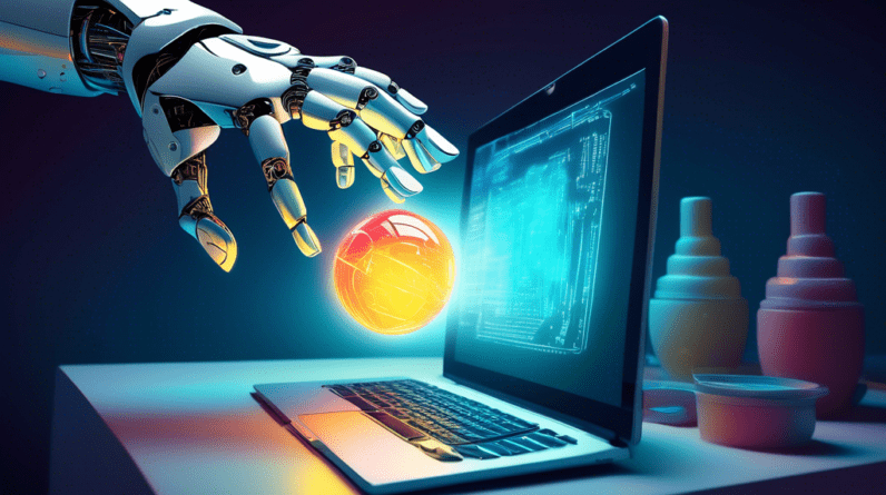 A robot hand offering a glowing orb of code to a human hand reaching out from a computer screen.