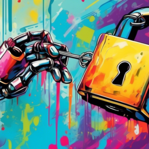 A robotic hand painting a padlock over a frustrated artist's digital artwork.