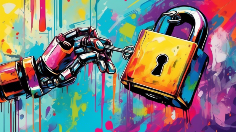 A robotic hand painting a padlock over a frustrated artist's digital artwork.