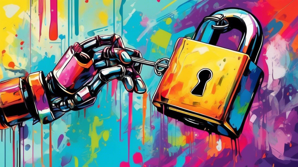 A robotic hand painting a padlock over a frustrated artist's digital artwork.