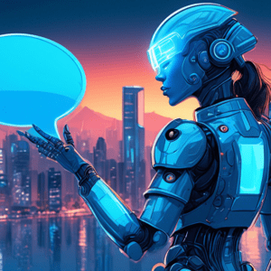 A robotic amazon warrior holding a glowing blue chat bubble, facing a futuristic cityscape reflecting in her visor.