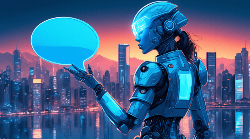 A robotic amazon warrior holding a glowing blue chat bubble, facing a futuristic cityscape reflecting in her visor.