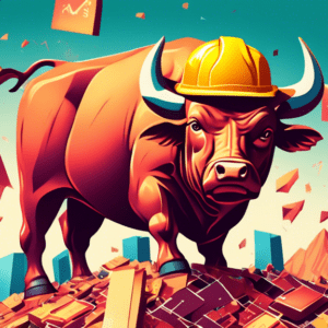 A bull wearing a construction hat, on top of a mountain of computer chips, shrugs off a barrage of Interest Rate Hike arrows.