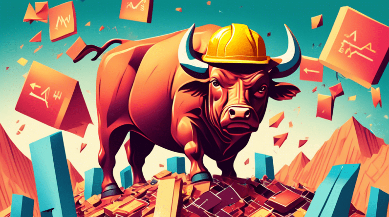 A bull wearing a construction hat, on top of a mountain of computer chips, shrugs off a barrage of Interest Rate Hike arrows.