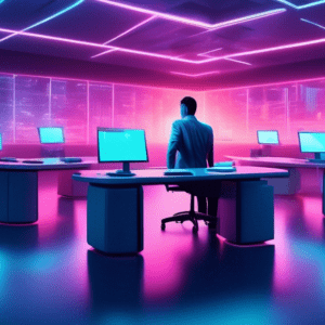 A lone office worker surrounded by empty desks in a futuristic bank, lit by the glow of a large AI hologram displaying complex financial data.