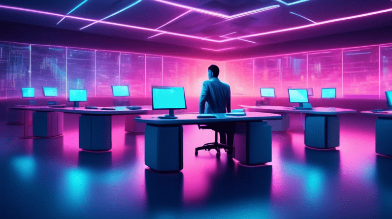 A lone office worker surrounded by empty desks in a futuristic bank, lit by the glow of a large AI hologram displaying complex financial data.