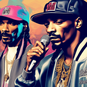 Snoop Dogg holding a microphone, wearing a Compton hat, with a faded image of Drake looking sad in the background