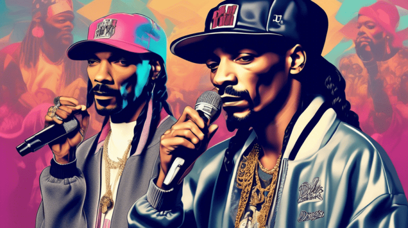 Snoop Dogg holding a microphone, wearing a Compton hat, with a faded image of Drake looking sad in the background