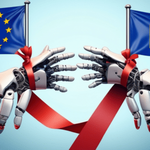 A robot hand stopped by a group of EU flags tied together with red tape.