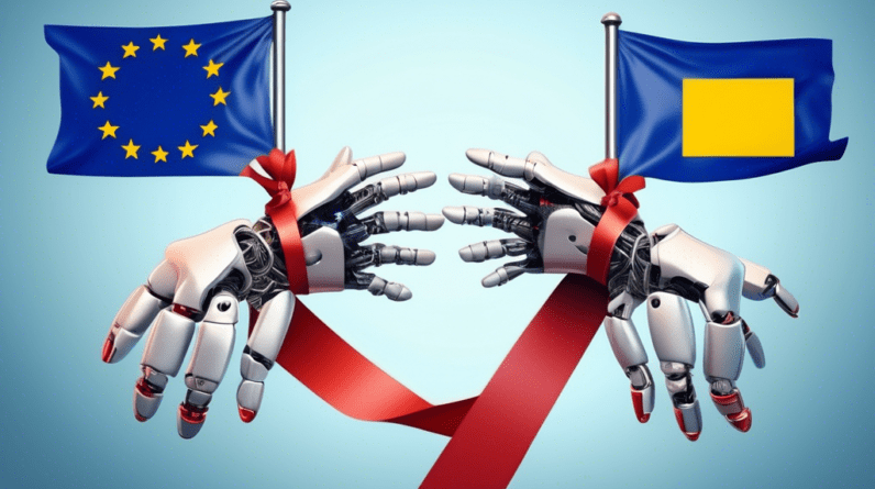 A robot hand stopped by a group of EU flags tied together with red tape.