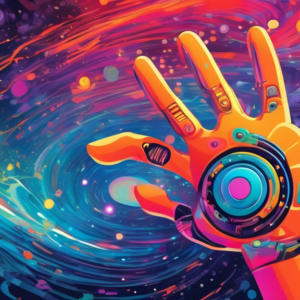 A child's hand reaching out to touch the finger of a robot hand emerging from a swirling galaxy of colorful code.