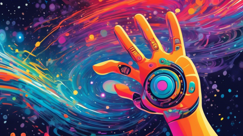 A child's hand reaching out to touch the finger of a robot hand emerging from a swirling galaxy of colorful code.