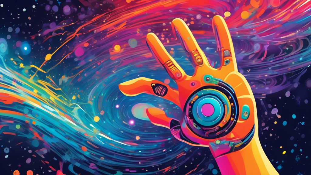 A child's hand reaching out to touch the finger of a robot hand emerging from a swirling galaxy of colorful code.