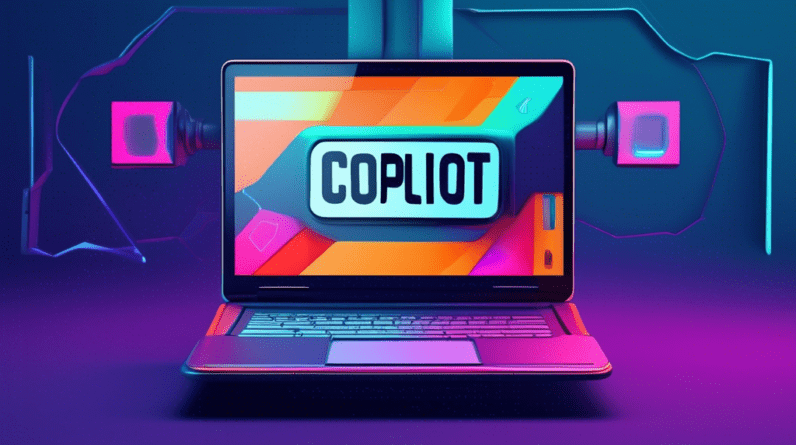 A futuristic laptop with its screen displaying Copilot Plus in large letters, but with the screen cracked, revealing a blank void behind it.