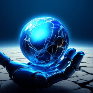 A robot hand holding a glowing blue orb, representing AI, with a cracked earth reflecting in its surface.