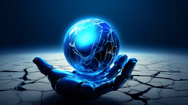 A robot hand holding a glowing blue orb, representing AI, with a cracked earth reflecting in its surface.