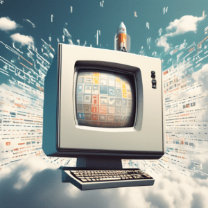 A vintage computer monitor with the logos of SAP, Oracle, and IBM being launched into the sky on a rocket ship made of binary code, set against a backdrop of fluffy white clouds.