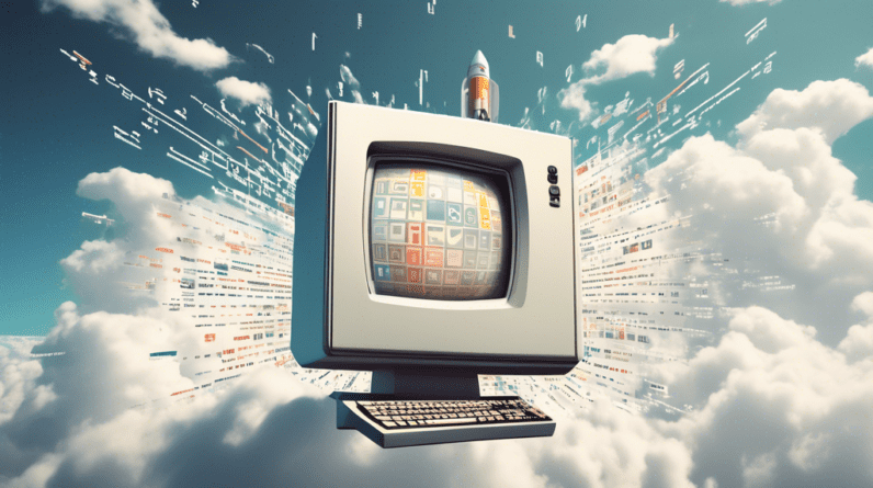 A vintage computer monitor with the logos of SAP, Oracle, and IBM being launched into the sky on a rocket ship made of binary code, set against a backdrop of fluffy white clouds.