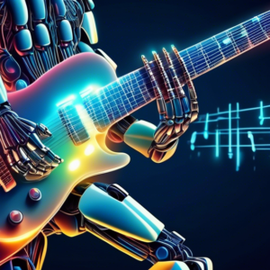 A robotic hand holding a guitar pick plucking a glowing electric guitar, generating binary code from the strings.