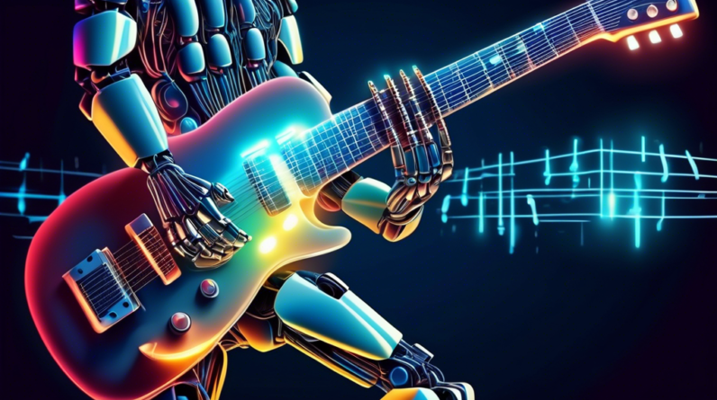 A robotic hand holding a guitar pick plucking a glowing electric guitar, generating binary code from the strings.