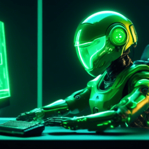 A futuristic PC glowing with green light, with a miniature robotic pilot sitting on top of the monitor assisting the user with AI features.