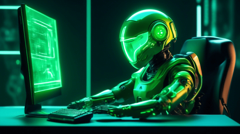 A futuristic PC glowing with green light, with a miniature robotic pilot sitting on top of the monitor assisting the user with AI features.