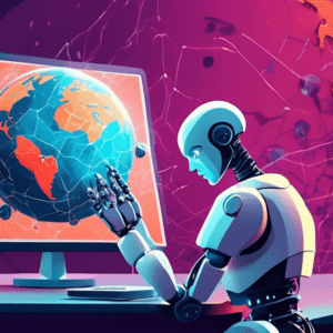 A robot hand holding a small, cracked planet Earth with a worried scientist in the background looking at a screen displaying alarming data about AI.