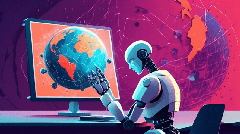 A robot hand holding a small, cracked planet Earth with a worried scientist in the background looking at a screen displaying alarming data about AI.