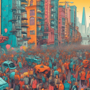 A split view of San Francisco, one side futuristic and utopian with friendly AI integrated into daily life, the other side dystopian and chaotic with robots taking over and people protesting.