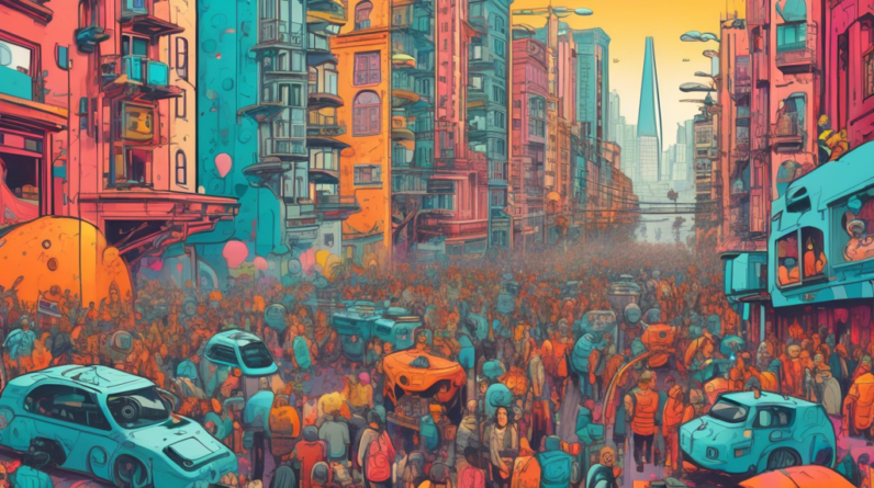 A split view of San Francisco, one side futuristic and utopian with friendly AI integrated into daily life, the other side dystopian and chaotic with robots taking over and people protesting.