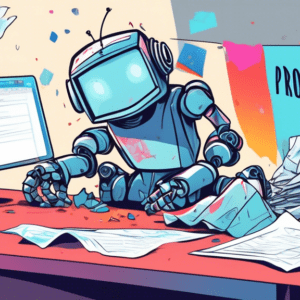 A robot slumped over a desk, surrounded by crumpled papers and a flickering computer screen showing an error message, with the words Project Failed on a banner above.