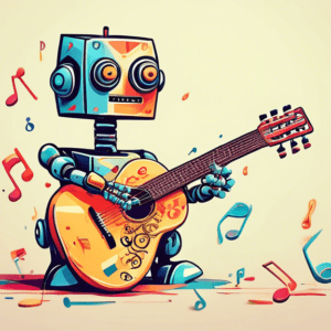 A robot hand awkwardly holding a guitar with musical notes forming a question mark above it.