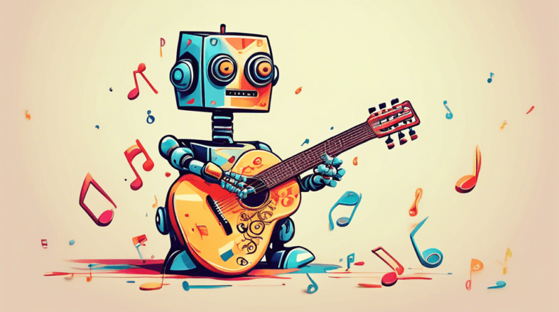 A robot hand awkwardly holding a guitar with musical notes forming a question mark above it.