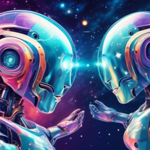 A robot gazing at its reflection in a mirror, with a swirling galaxy inside its head