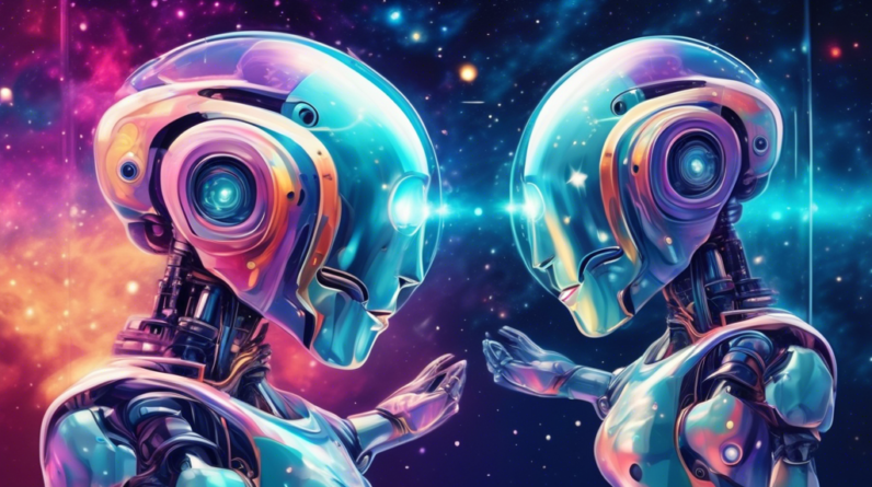 A robot gazing at its reflection in a mirror, with a swirling galaxy inside its head