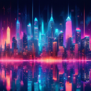 A futuristic cityscape at night, illuminated by glowing AI neural networks, with the number 28 formed by skyscrapers and $100M+ projected as a hologram in the sky.